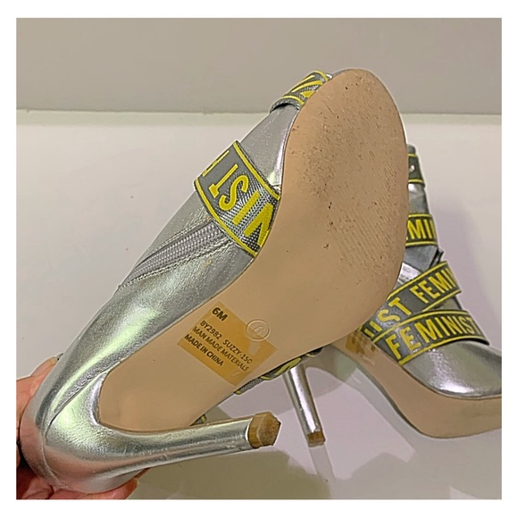 CAPE ROBBIN Booties Metallic Silver FEMINIST Text Ribbon Stiletto Booties Size 6 - Picture 12 of 15